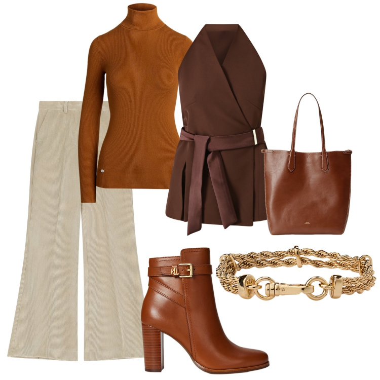 Outfit donna - Autunno. Stile Minimal per Serata fuori. Abbinamento con gilet, pantaloni a palazzo, borse tote, braccialetti, stivaletti, maglieria.