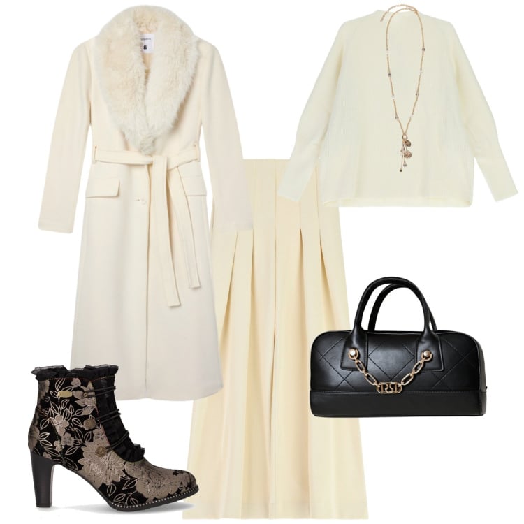 Outfit donna - Total look #2248067. Stile Romantica per Tutti i giorni. Abbinamento con cappotti, borse a mano, pantaloni a palazzo, maglieria, ciondoli, stivaletti.