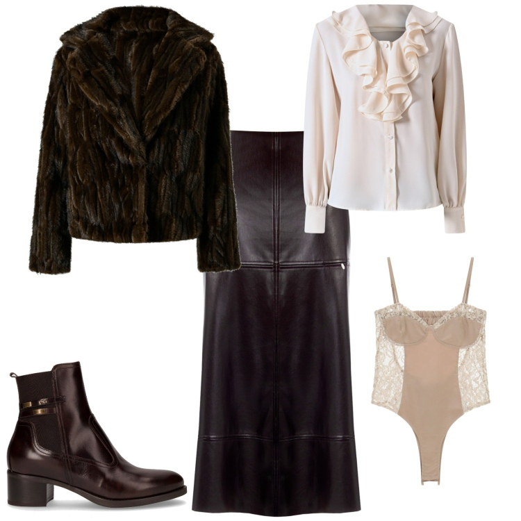 Outfit donna - Total look #2248068. Stile Vintage retrò per Serata fuori. Abbinamento con blazer, gonne longuette, bluse, body, stivaletti.