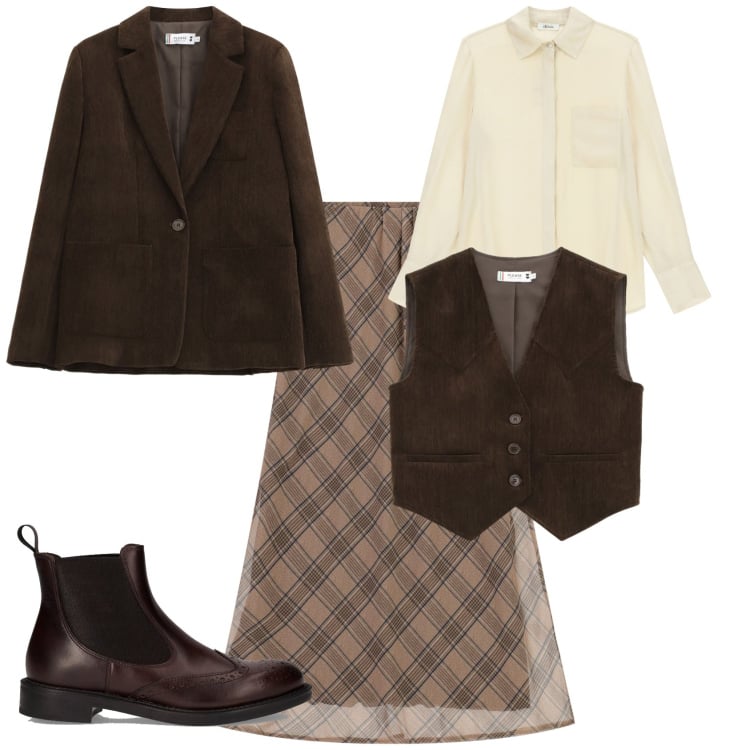 Outfit donna - Total look #2248070. Stile Vintage retrò per Tutti i giorni. Abbinamento con blazer, gilet, gonne lunghe, camicie, stivaletti chelsea.