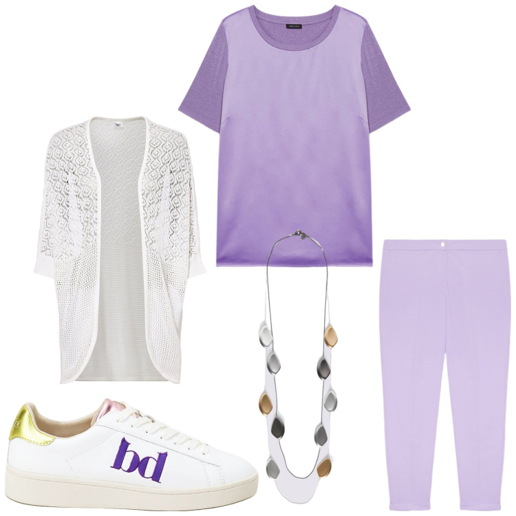 Outfit donna - Domenica ore 12. Stile Casual per Tutti i giorni. Abbinamento con cardigans, sneakers, pantaloni, t-shirt, collane.