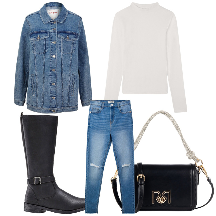 Outfit donna - Jeans chic. Stile Casual per Tutti i giorni. Abbinamento con stivali, blazer, jeans strappati, t-shirt, borse a mano.