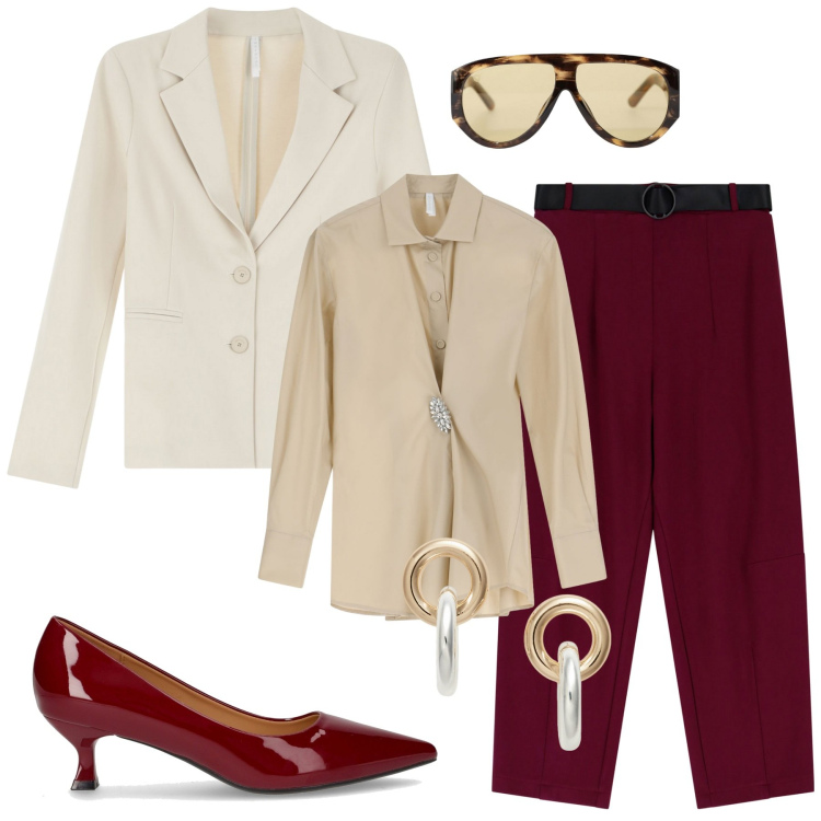 Outfit donna - Imperial autunno. Stile Casual chic per Ufficio. Abbinamento con occhiali da sole, camicie, pantaloni, blazer, orecchini, décolleté.