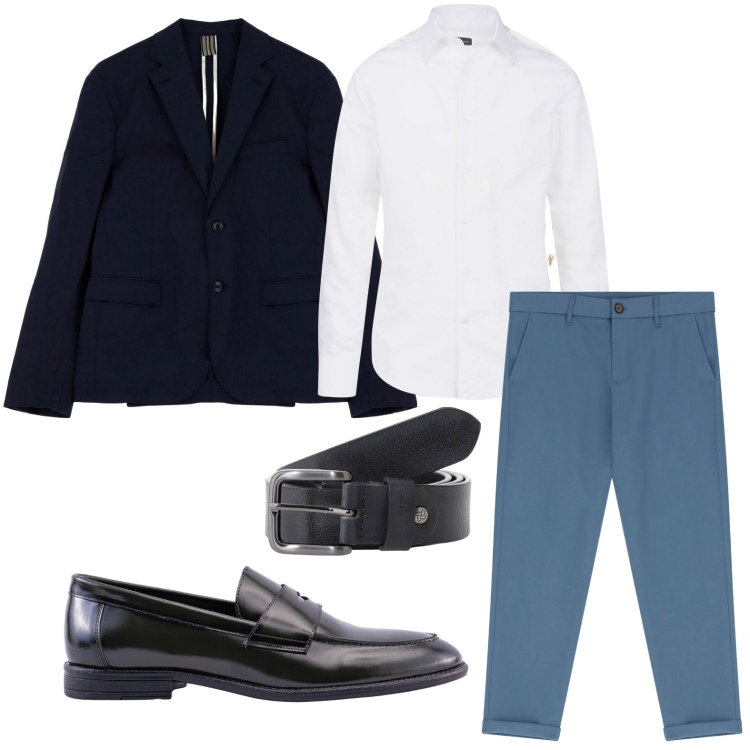 Outfit uomo - Completo spezzato per cerimonie. Stile Trendy per Serata speciale. Abbinamento con giacche, cinture, pantaloni chino, camicie, scarpe stringate.