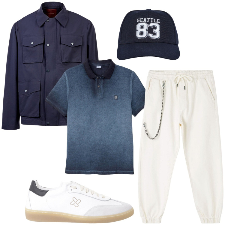 Outfit uomo - Sneakers bianche e pantaloni cropped. Stile Urban per Tutti i giorni. Abbinamento con polo, pantaloni sportivi, cappelli, sneakers, giacche.