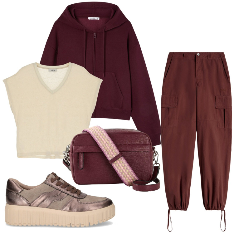 Outfit donna - Nocciola e crema. Stile Casual per Tutti i giorni. Abbinamento con borse a tracolla, felpe con cappuccio, pantaloni cargo, t-shirt, sneakers.
