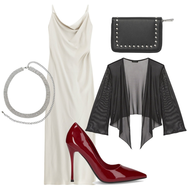 Outfit donna - Serata in lungo. Stile Minimal per Serata fuori. Abbinamento con cinture, portafogli, vestiti lunghi, bolero, décolleté.