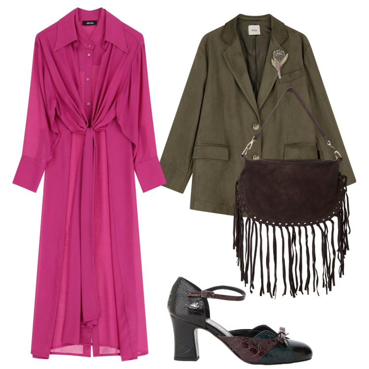 Outfit donna - Il vestito fuxia. Stile Glamour per Serata fuori. Abbinamento con décolleté, vestiti midi/longuette, borse a tracolla, blazer.