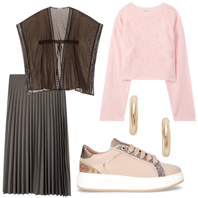 Outfit donna - Brunch domenicale di settembre. Stile Etnico per Tutti i giorni. Abbinamento con maglieria, gonne lunghe, gilet, orecchini, sneakers.