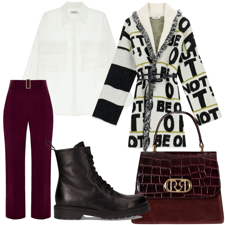 Outfit donna - Il maxi cardigan casual. Stile Casual per Ufficio. Abbinamento con pantaloni, borse a mano, camicie, cardigans, anfibi.