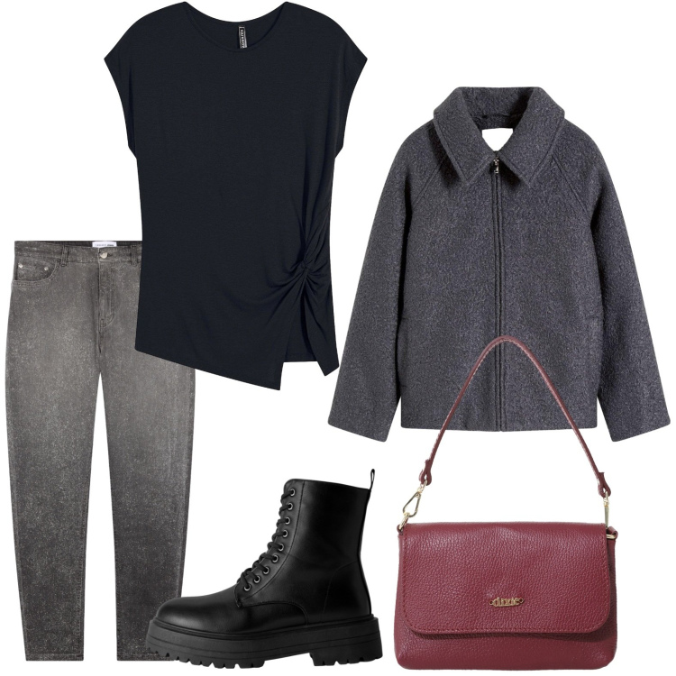 Outfit donna - Primo giorno di scuola. Stile Casual per Scuola/Università. Abbinamento con blazer, maglieria, anfibi, jeans skinny, borse a tracolla.