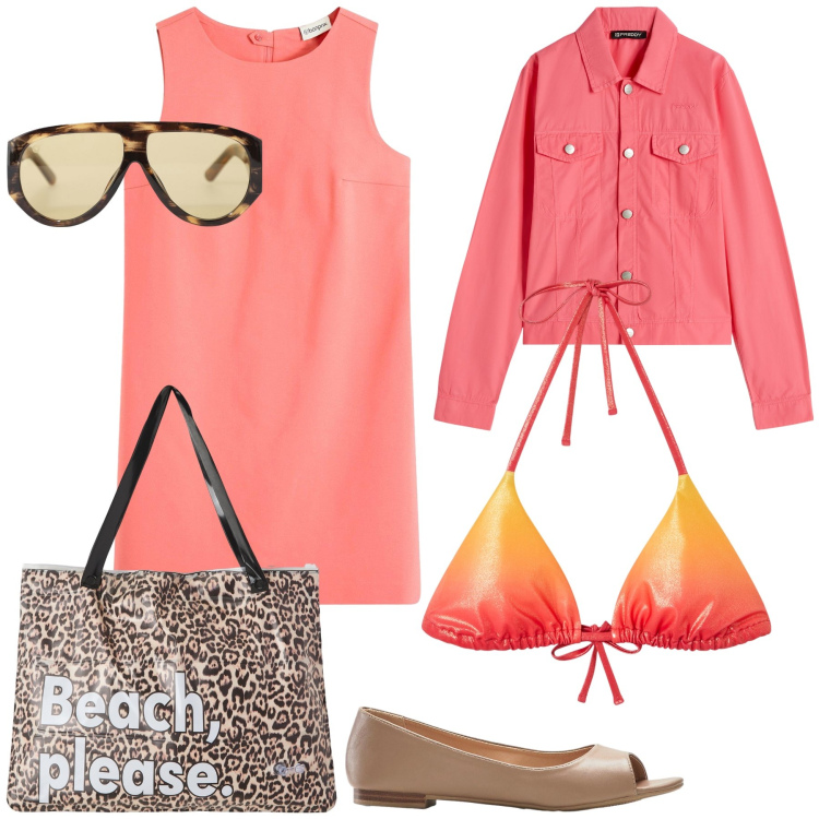 Outfit donna - Giubbino colorato per spiaggia fresca. Stile Trendy per Mare. Abbinamento con vestiti, ballerine, borse tote, bikini, occhiali da sole, blazer.