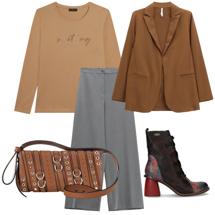 Outfit donna - Autunno caldo. Stile Urban per Tutti i giorni. Abbinamento con borse a spalla, blazer, pantaloni a palazzo, t-shirt, stivaletti.