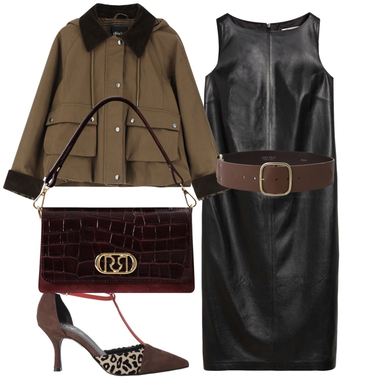 Outfit donna - Ristorante sporty chic. Stile Glamour per Serata fuori. Abbinamento con vestiti, borse a mano, blazer, cinture, décolleté.