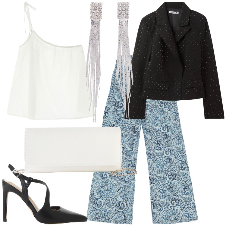Outfit donna - Aperitivo sui navigli. Stile Chic per Serata fuori. Abbinamento con orecchini, pochette, blazer, jeans a zampa, décolleté, top.