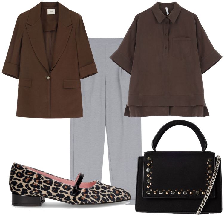 Outfit donna - Di corsa in ufficio. Stile Trendy per Ufficio. Abbinamento con borse a tracolla, camicie a manica corta, blazer, pantaloni, ballerine.