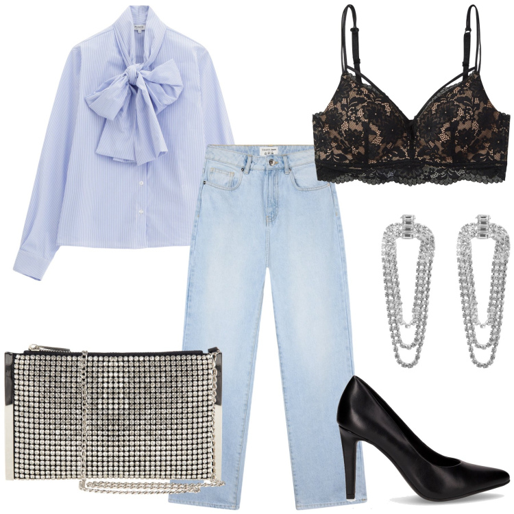 Outfit donna - Serata con lui. Stile Sporty chic per Serata fuori. Abbinamento con reggiseni, orecchini, jeans dritti, pochette, camicie, décolleté.