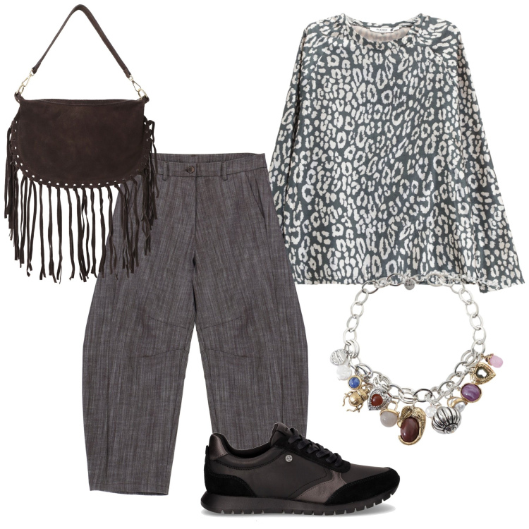 Outfit donna - Jeans particolari. Stile Casual chic per Tutti i giorni. Abbinamento con maglieria, pantaloni, borse a tracolla, braccialetti con ciondoli, sneakers.