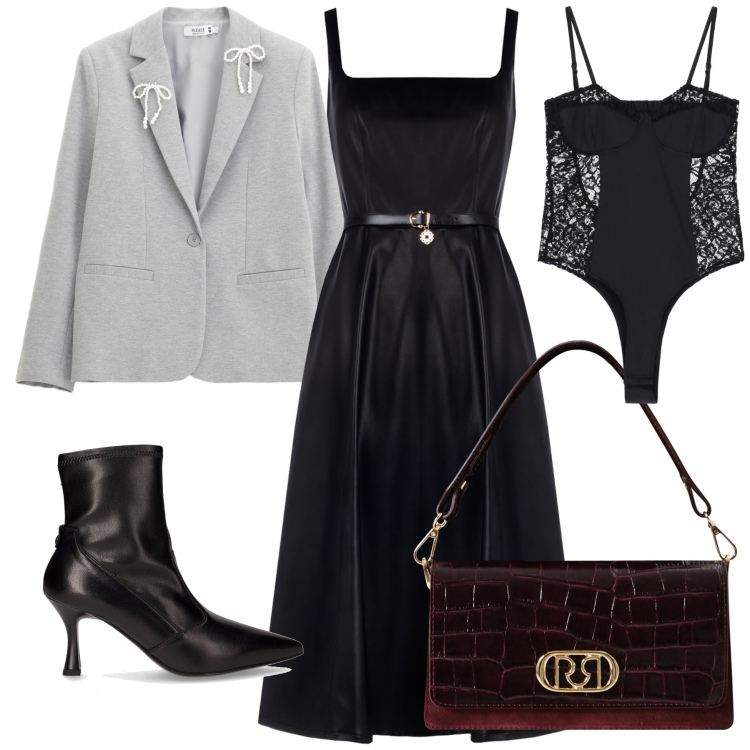 Outfit donna - Il blazer da sera. Stile Bon Ton per Serata fuori. Abbinamento con vestiti midi/longuette, borse a mano, blazer, body, stivaletti.