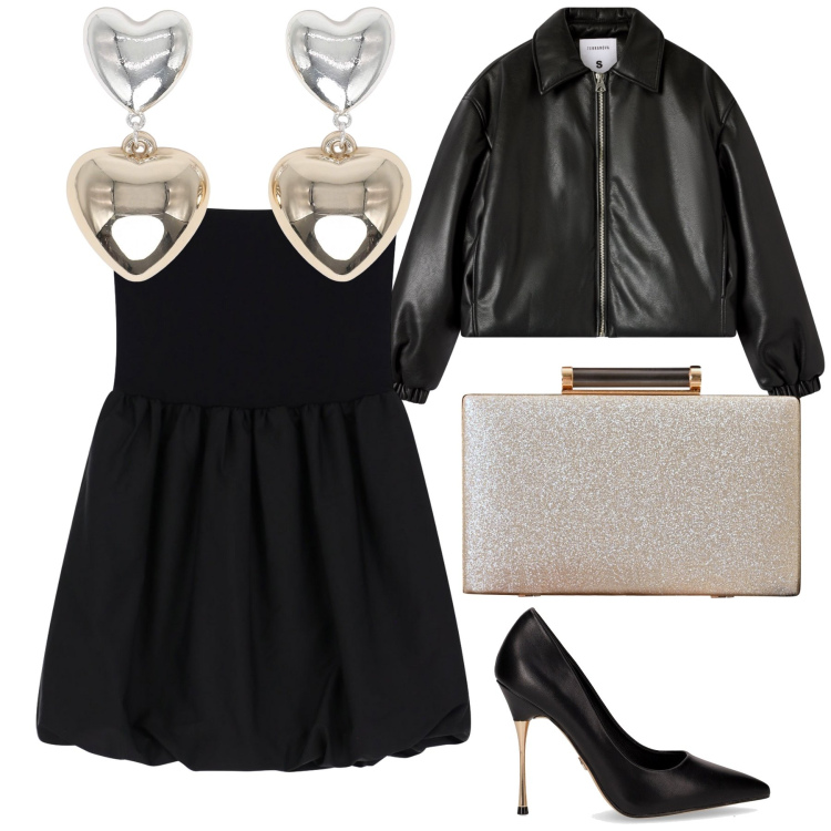 Outfit donna - Serata noi due. Stile Glamour per Serata fuori. Abbinamento con orecchini, bomber, clutch, vestiti corti, décolleté.