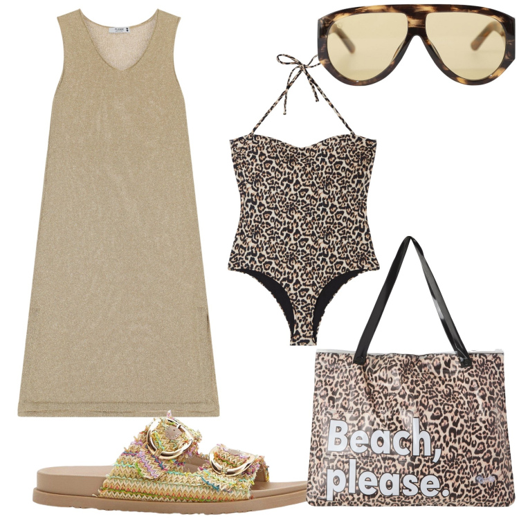 Outfit donna - Ancora al mare. Stile Trendy per Mare. Abbinamento con ciabatte, costumi interi, borse tote, vestiti midi/longuette, occhiali da sole.