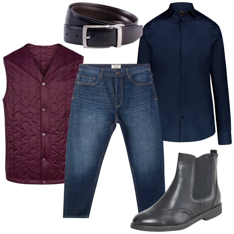 Outfit uomo - Un tocco bordeaux. Stile Casual per Tutti i giorni. Abbinamento con stivali e stivaletti, jeans, camicie, piumini, cinture.