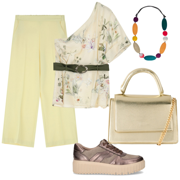 Outfit donna - Un caldo pomeriggio. Stile Trendy per Tutti i giorni. Abbinamento con borse a tracolla, pantaloni, top, collane, sneakers.