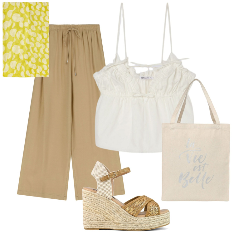 Outfit donna - Caldo settembre. Stile Casual per Tutti i giorni. Abbinamento con borse tote, canottiere, pantaloni, stole, zeppe.