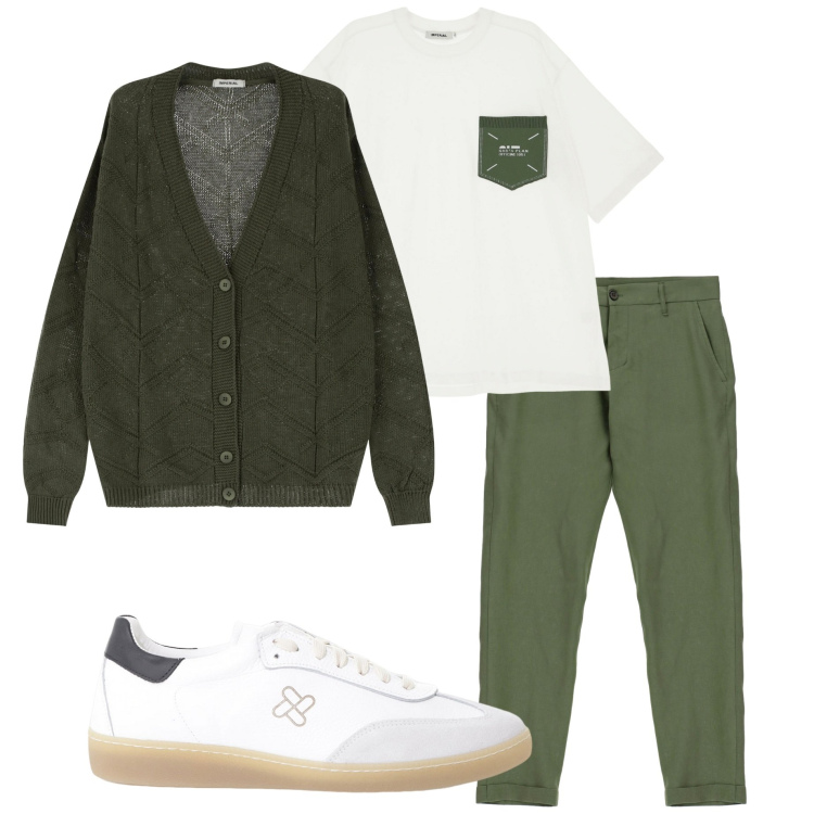 Outfit uomo - Sneakers bianche. Stile Urban per Tutti i giorni. Abbinamento con cardigans, t-shirt, sneakers, pantaloni.
