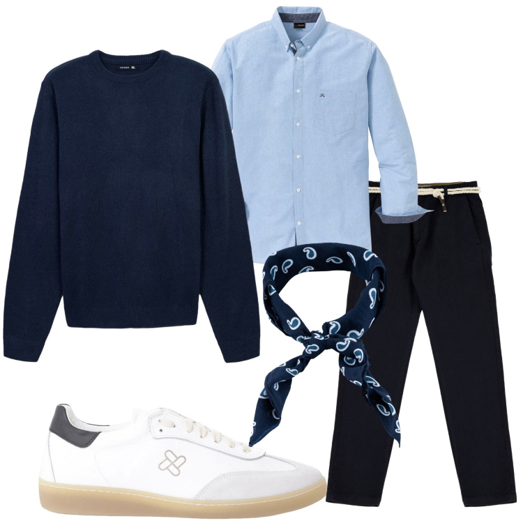Outfit uomo - Sneakers bianche. Stile Casual per Tutti i giorni. Abbinamento con camicie, maglieria, sneakers, pantaloni chino, sciarpe e foulard.