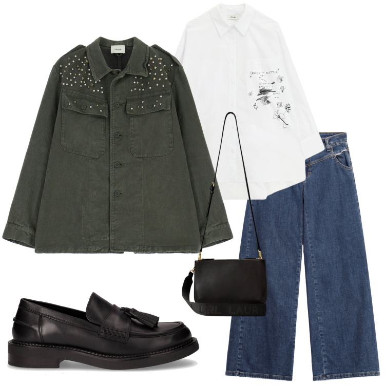 Outfit donna - Brunch domenicale. Stile Casual chic per Tutti i giorni. Abbinamento con jeans, cappotti, camicie, borse a tracolla, mocassini.