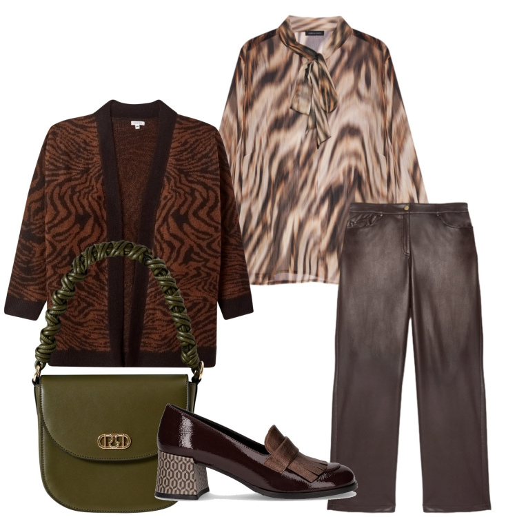 Outfit donna - Colori caldi per l\'autunno. Stile Minimal per Ufficio. Abbinamento con cardigans, borse a mano, bluse, pantaloni, mocassini.