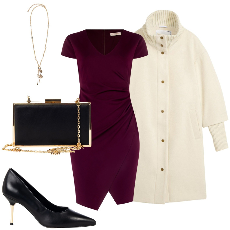 Outfit donna - Serata al ristorante gourmet. Stile Chic per Serata fuori. Abbinamento con cappotti, décolleté, pochette, vestiti a tubino, ciondoli.