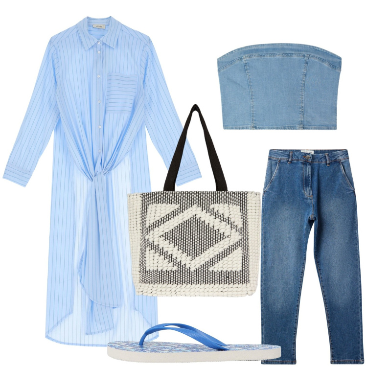 Outfit donna - La maxi camicia azzurra. Stile Casual per Tutti i giorni. Abbinamento con top, jeans skinny, infradito, camicie, shopping bag.