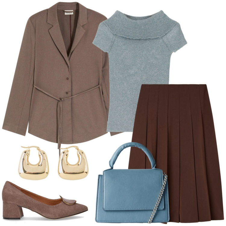Outfit donna - Total look #2248202. Stile Chic per Tutti i giorni. Abbinamento con orecchini, blazer, gonne lunghe, borse a tracolla, pullovers, décolleté.