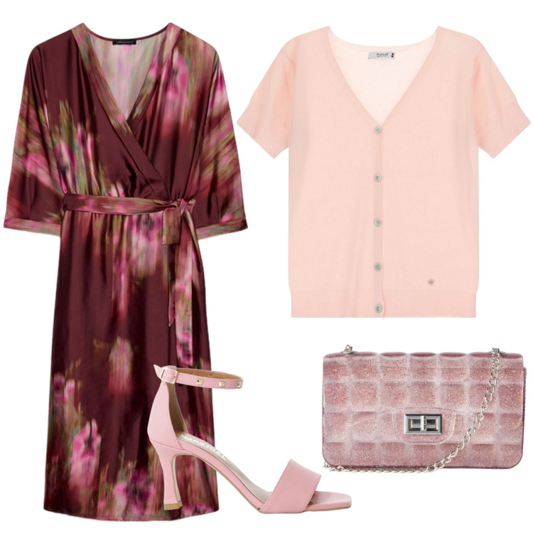 Outfit donna - Il vestito a fiori. Stile Chic per Serata fuori. Abbinamento con borse a tracolla, cardigans, sandali col tacco, vestiti midi/longuette.