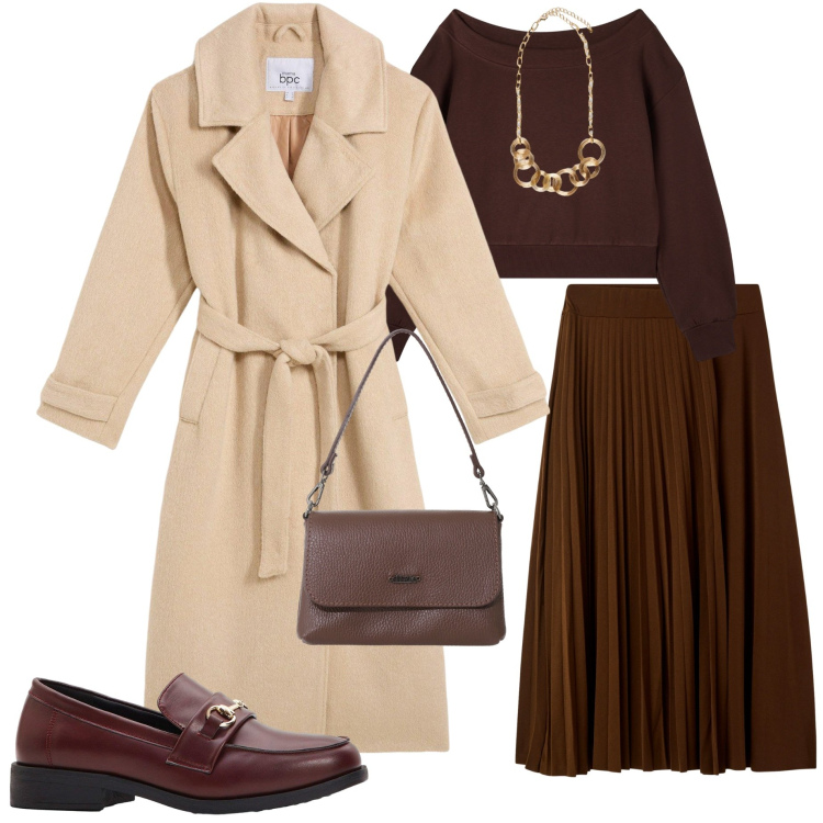 Outfit donna - Brunch domenicale. Stile Casual chic per Tutti i giorni. Abbinamento con cappotti, mocassini, gonne lunghe, felpe, borse a tracolla, collane.