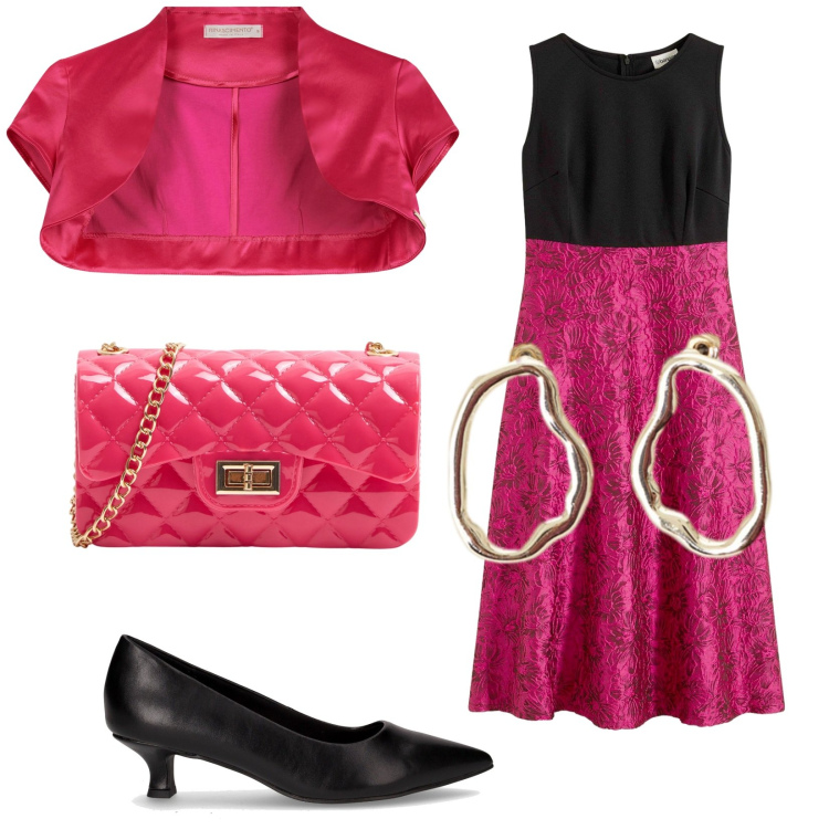 Outfit donna - Battesimo di Francesca. Stile Chic per Cerimonia. Abbinamento con vestiti midi/longuette, borse a tracolla, bolero, orecchini, décolleté.