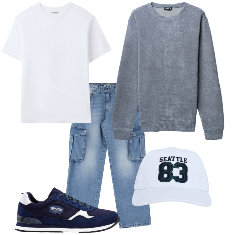 Outfit uomo - Urban style. Stile Urban per Tutti i giorni. Abbinamento con sneakers, cappelli, t-shirt, maglieria, jeans.