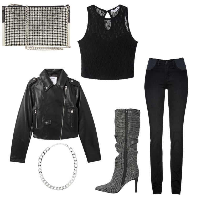 Outfit donna - Total black. Stile Rock per Serata fuori. Abbinamento con jeans skinny, giacche, top, collane, stivali, pochette.