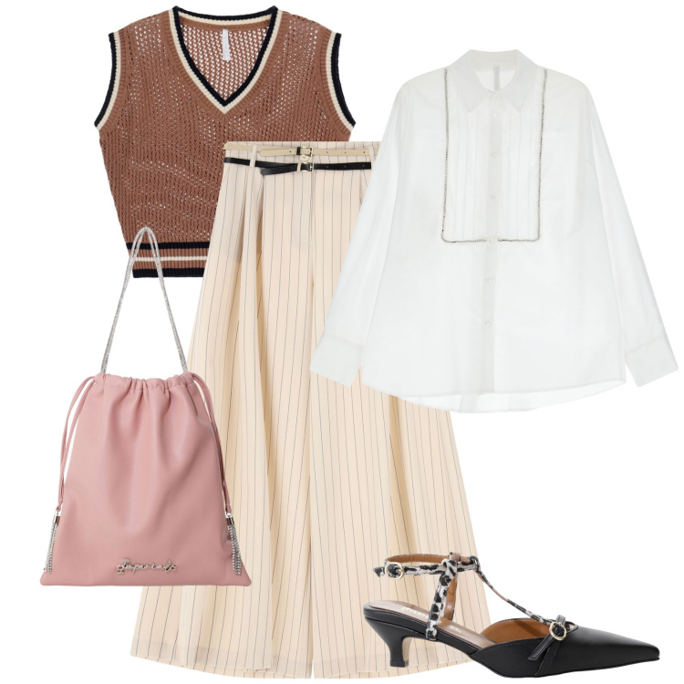 Outfit donna - Imperial FW25. Stile Romantica per Tutti i giorni. Abbinamento con pantaloni a palazzo, décolleté, maglieria, borse a secchiello, camicie.