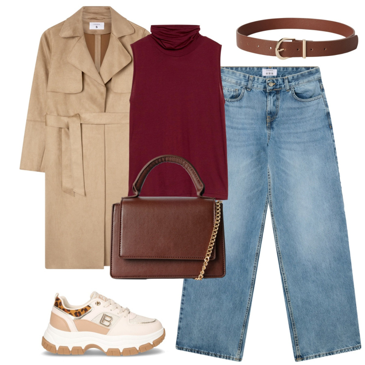 Outfit donna - Settembre. Stile Basic per Tutti i giorni. Abbinamento con top, borse a tracolla, cinture, jeans boyfriend, trench, sneakers.