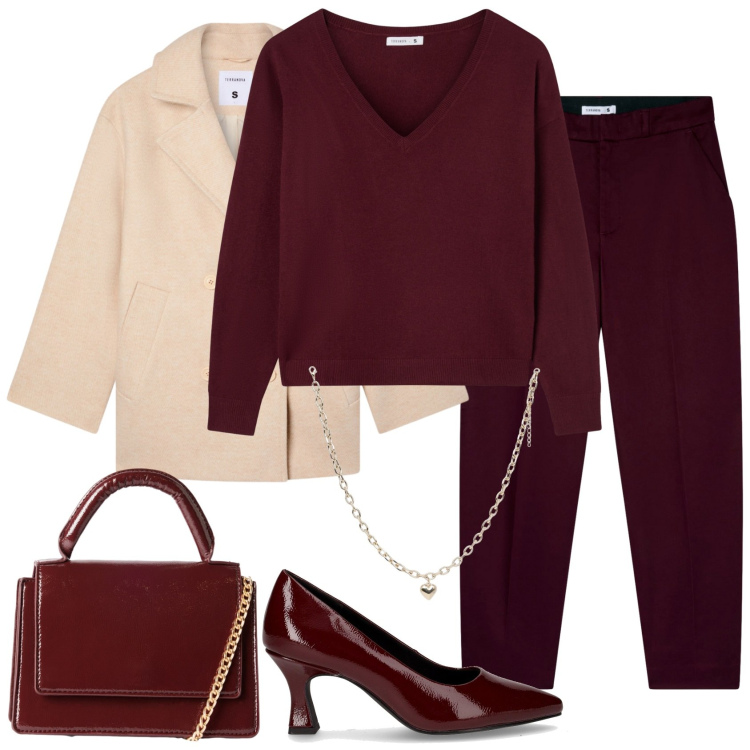 Outfit donna - New collezione!. Stile Casual chic per Serata fuori. Abbinamento con pantaloni chino, caban, collane, borse a tracolla, maglieria, décolleté.