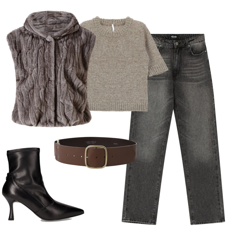 Outfit donna - City. Stile Casual chic per Tutti i giorni. Abbinamento con piumini, maglieria, jeans dritti, cinture, stivaletti.