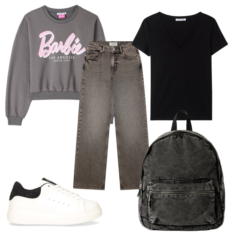 Outfit donna - Backup to school. Stile Trendy per Scuola/Università. Abbinamento con felpe, t-shirt, zaini, jeans, sneakers.