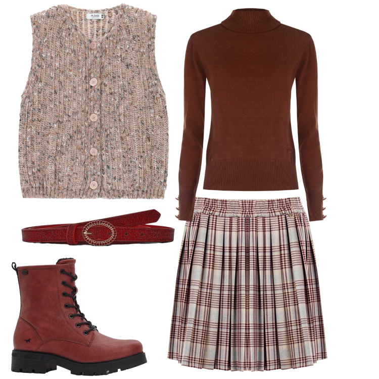 Outfit donna - Total look #2248221. Stile Trendy per Tutti i giorni. Abbinamento con stivaletti, cinture, minigonne, maglieria, gilet.