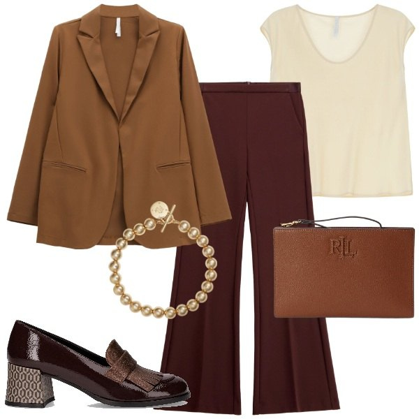 Outfit donna - Imperial - FW25 ufficio. Stile Trendy per Ufficio. Abbinamento con blazer, pantaloni, top, braccialetti, pochette, mocassini.