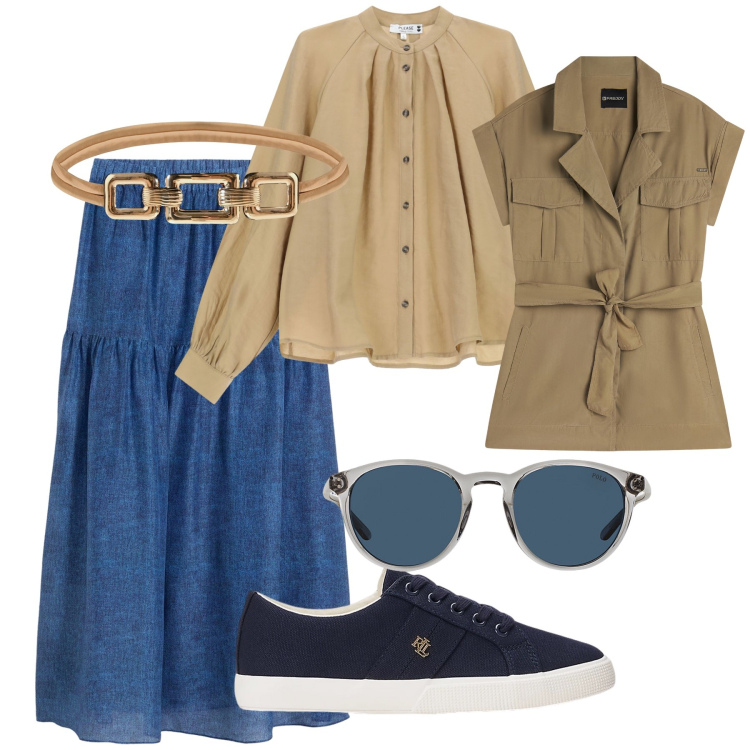 Outfit donna - Total look #2248224. Stile Casual chic per Tutti i giorni. Abbinamento con gonne lunghe, cinture, camicie, trench, occhiali da sole, sneakers.