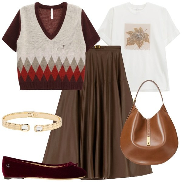 Outfit donna - Imperial - FW25. Stile Chic per Ufficio. Abbinamento con maglieria, gonne lunghe, t-shirt, borse a spalla, braccialetti, ballerine.