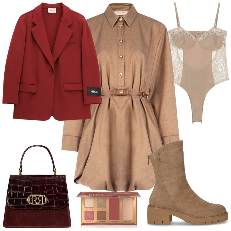 Outfit donna - Total look #2248228. Stile Trendy per Tutti i giorni. Abbinamento con blush, vestiti chemisier, borse a mano, body, blazer, stivaletti.